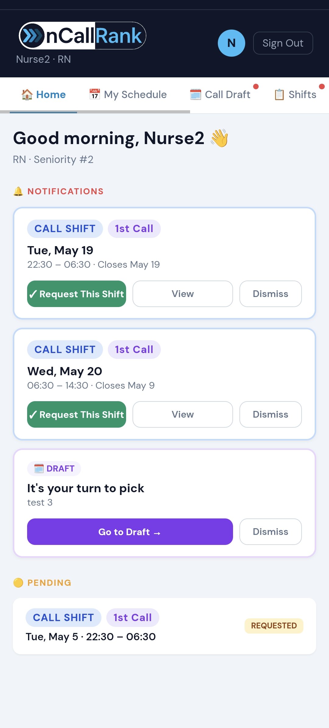 OnCallRank staff home screen showing two open call shifts and a draft turn