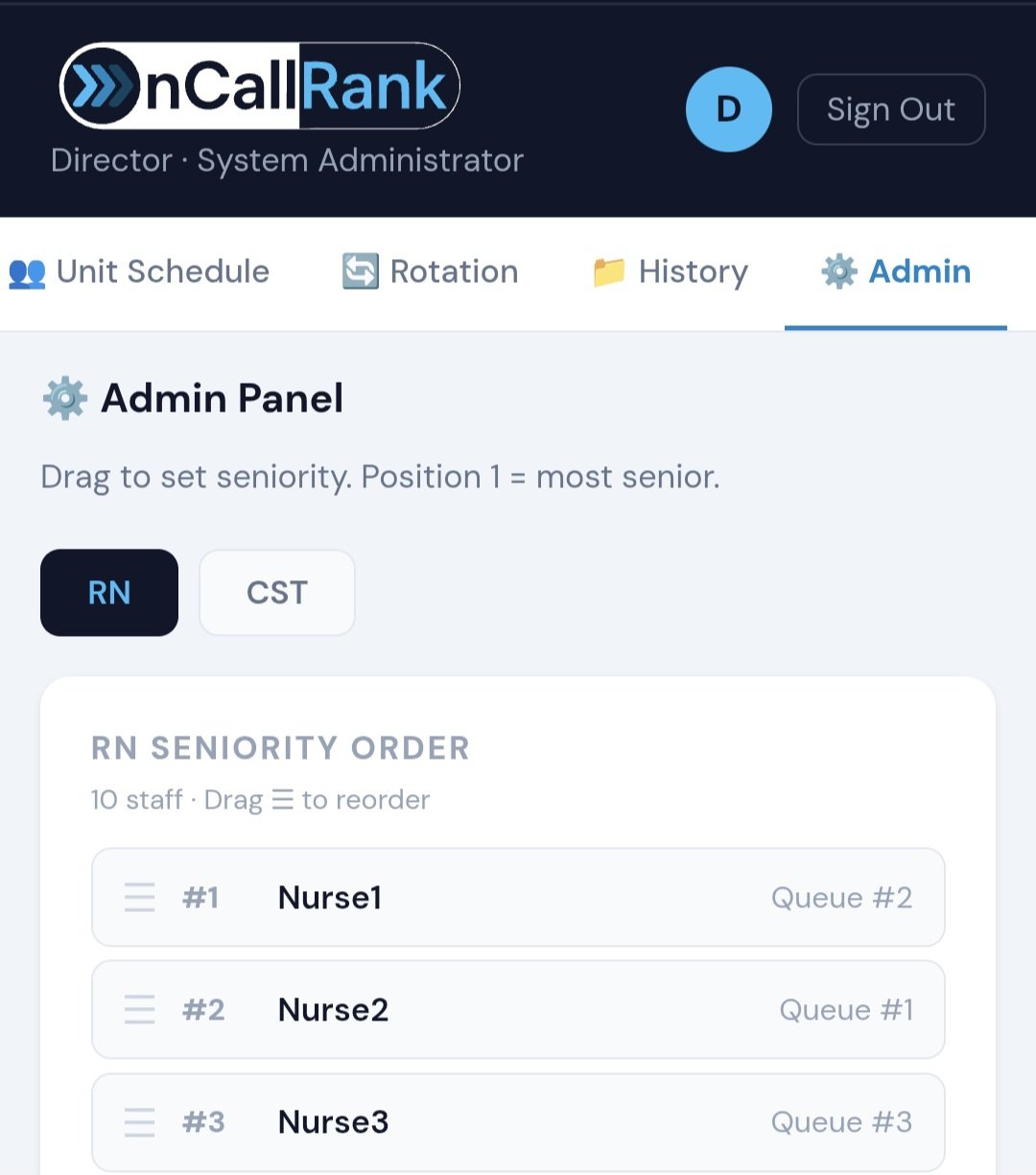 Admin panel showing the seniority order list with drag handles for each staff position