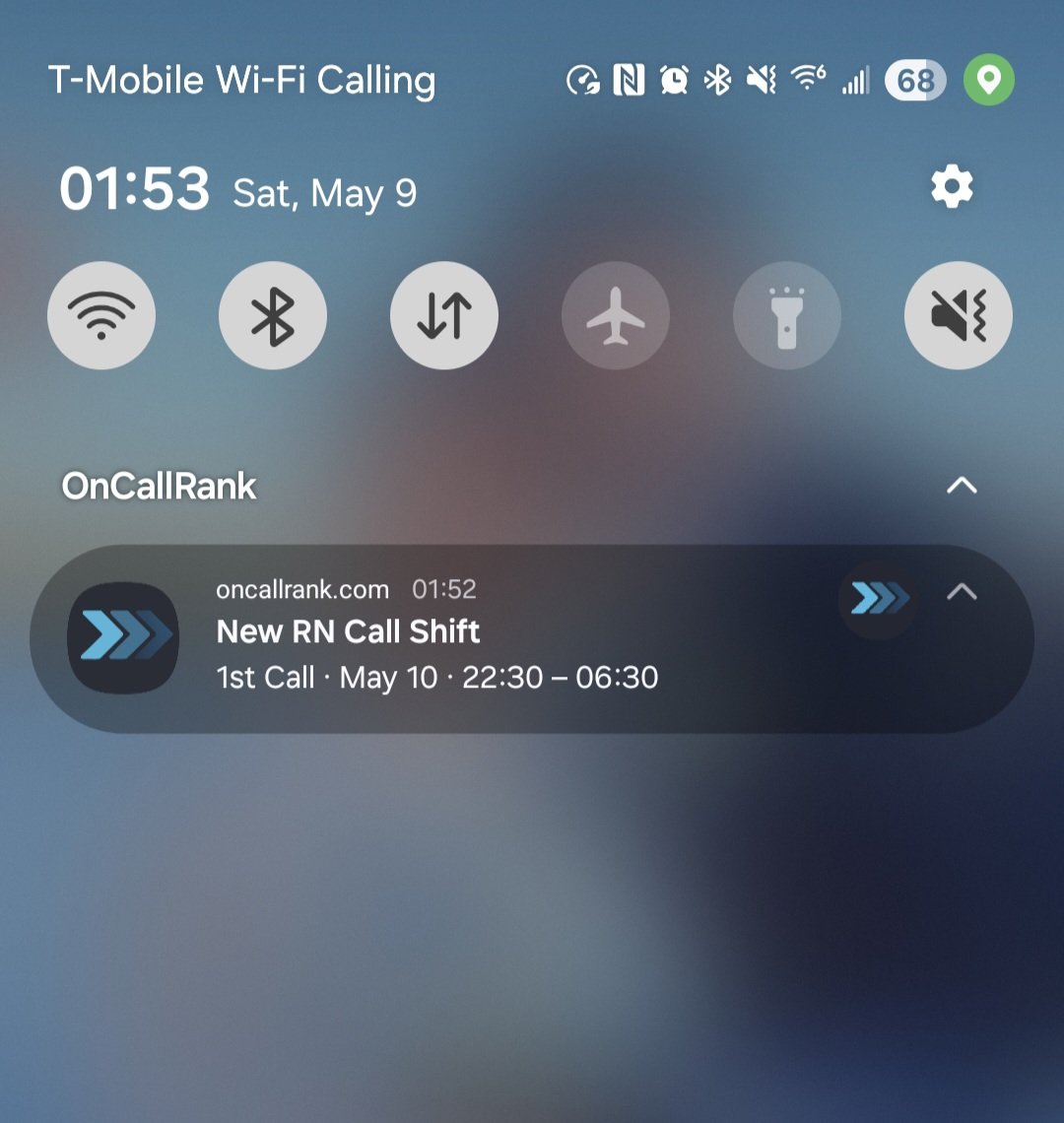 Lock screen showing an OnCallRank push notification for a new RN call shift