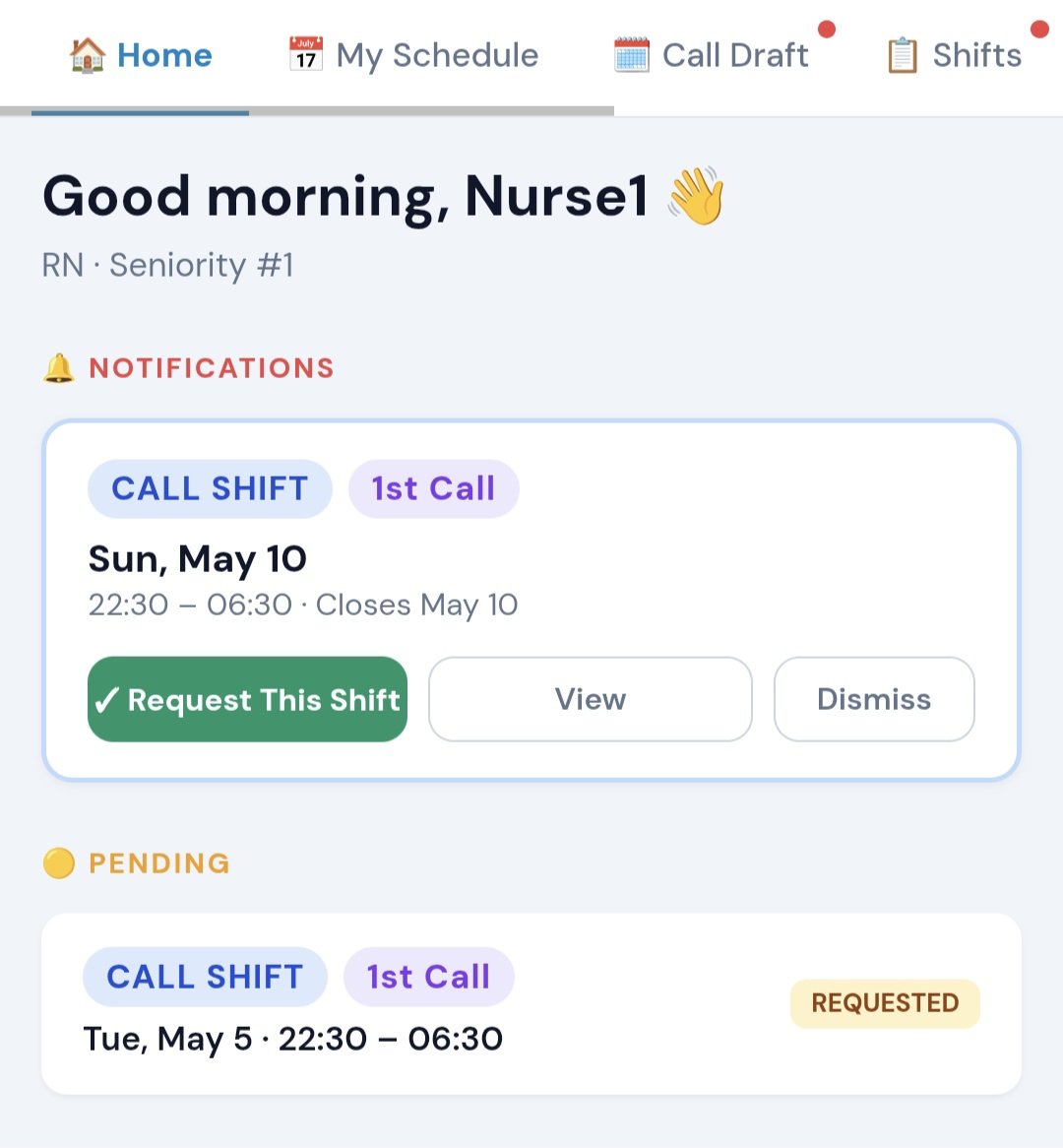 Staff home screen with an open call shift card and a green Request This Shift button