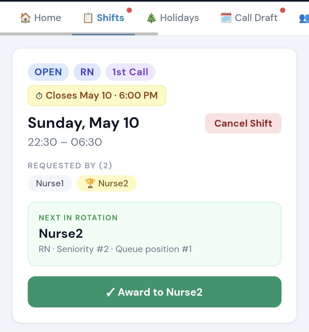 Manager view of an open shift with requested-by list and an Award to Nurse button