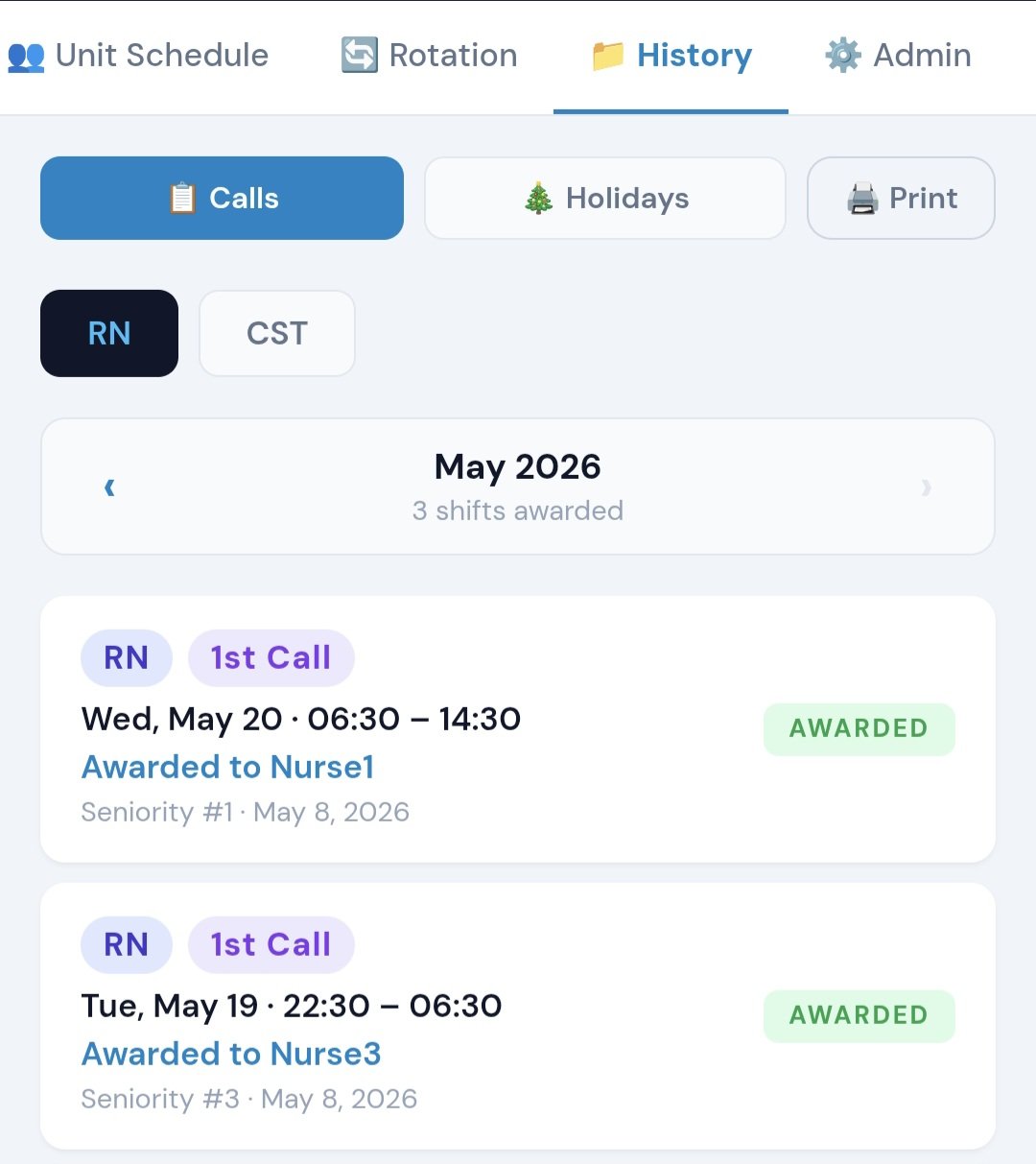 History tab showing past call assignments with timestamps